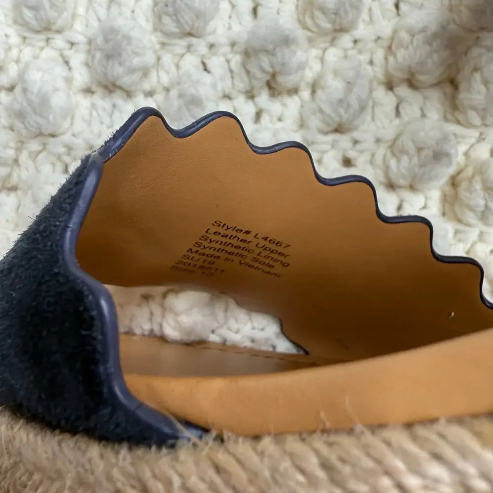 J. CREW Women's 10 Suede Leather Scalloped Flatform Espadrille Shoes Navy Tan